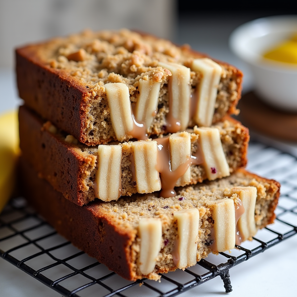 Freshly baked banana bread with a golden crust, sliced to reveal a soft, moist texture, served on a wooden cutting board.