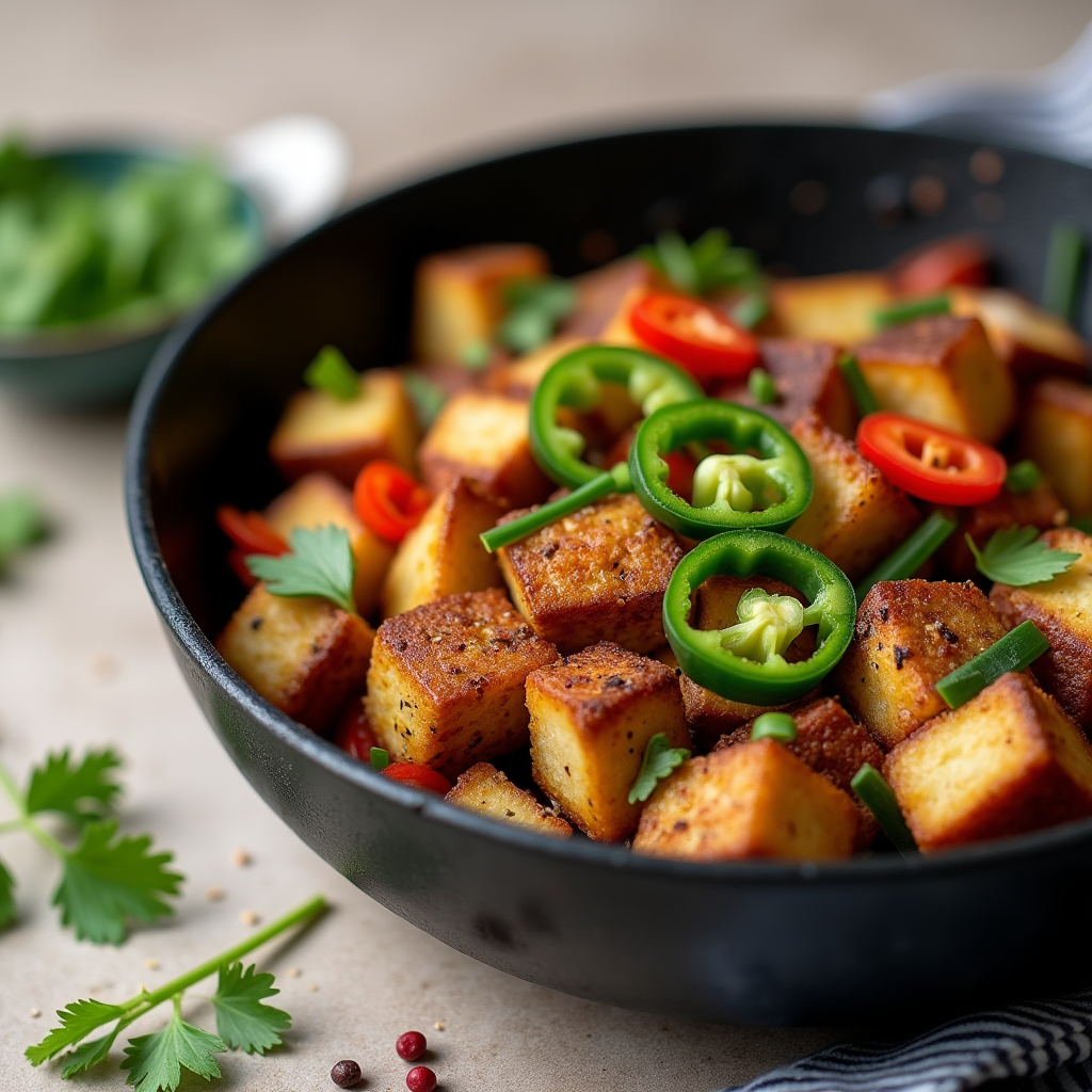A vibrant plate of Mexican Potatoes Breakfast, with crispy potatoes, fresh veggies, and a sprinkle of cheese and cilantro.
