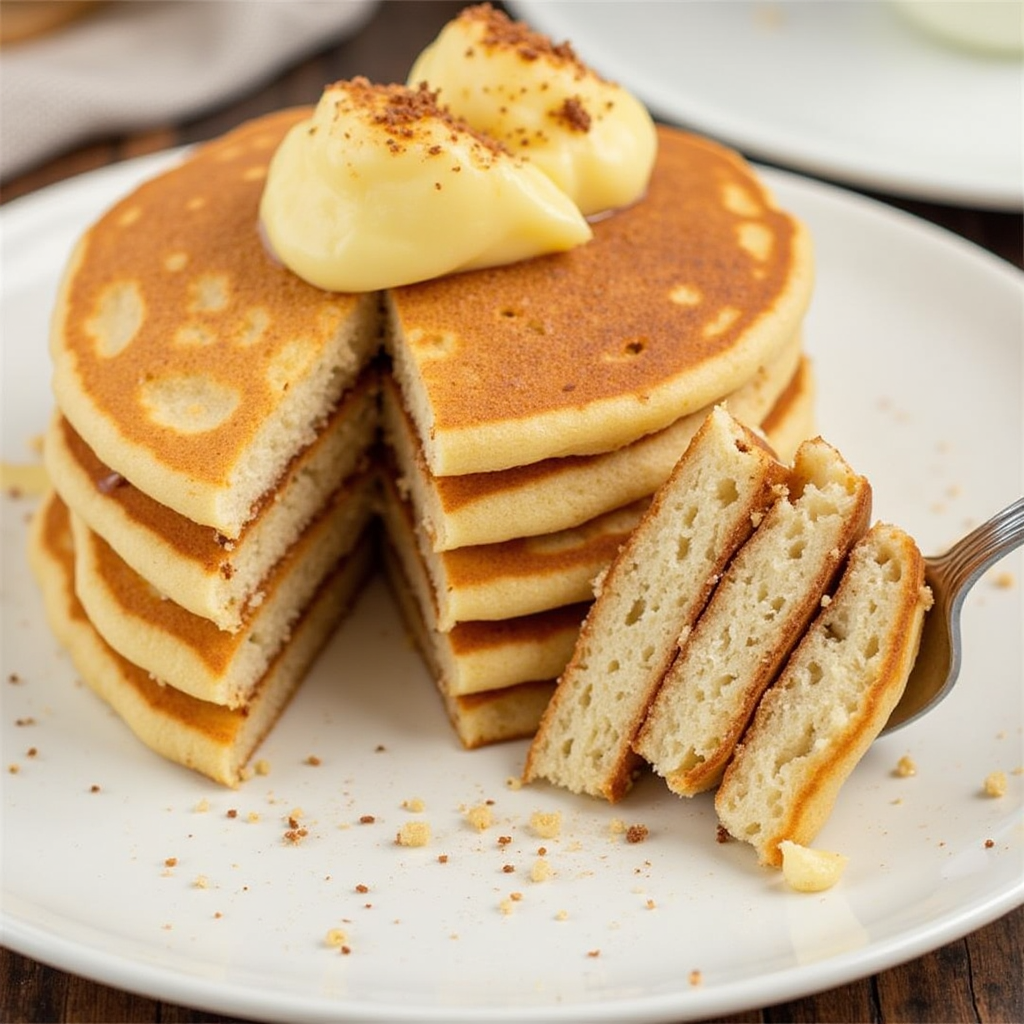 "Fluffy cinnamon swirl pancakes topped with drizzled icing for a sweet and spicy breakfast treat."