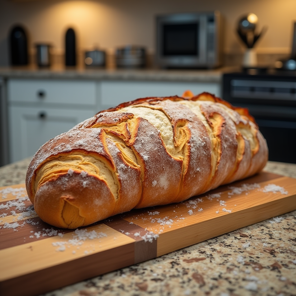 "A freshly baked loaf of gluten-free egg-free bread on a wooden cutting board, sliced and ready to serve, with a jar of honey and butter nearby."