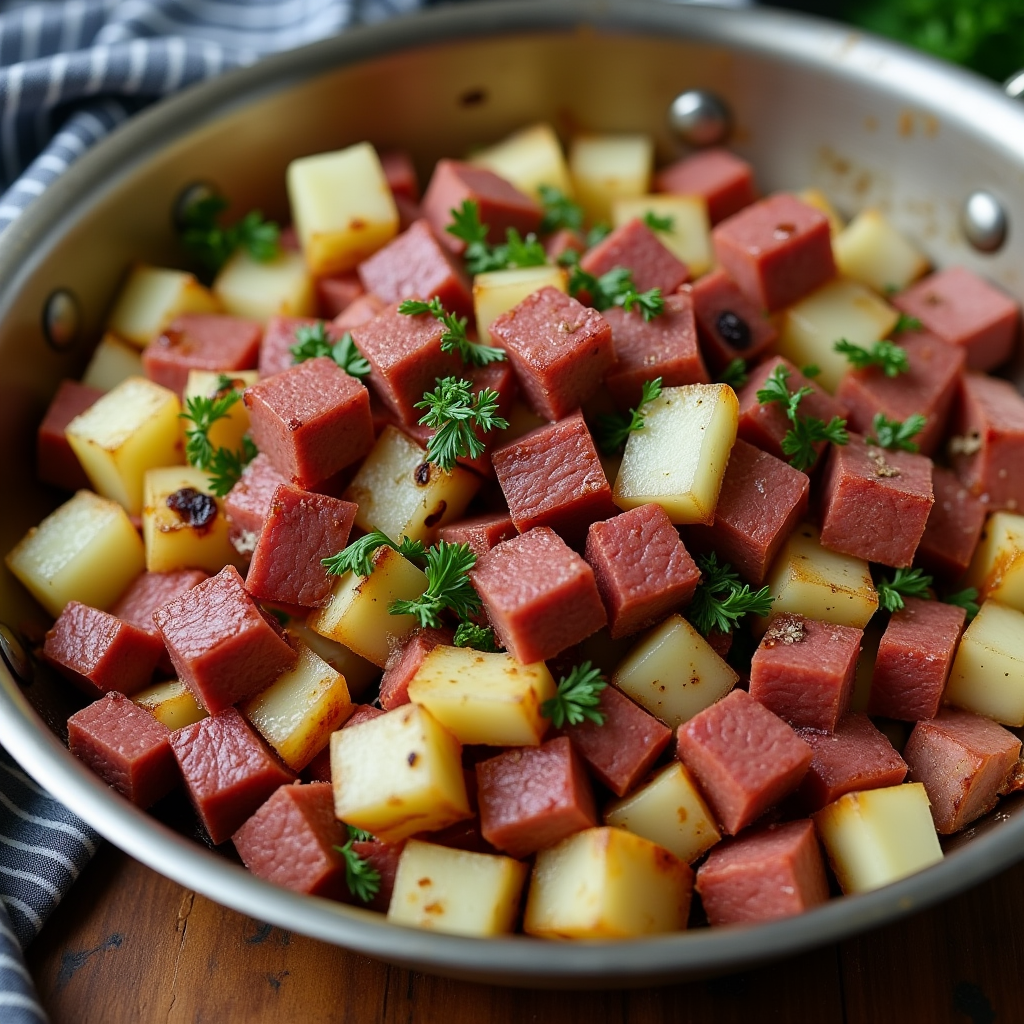 "A delicious plate of corned beef hash served with crispy potatoes, diced corned beef, and a fried egg on top, perfect for breakfast or brunch."