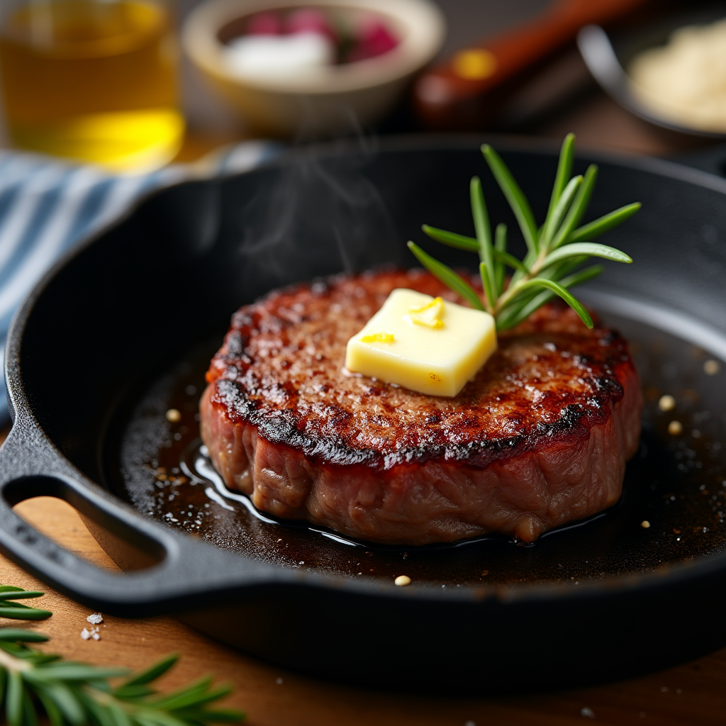 luxurious plate of Wagyu beef served with eggs, toast, and fresh vegetables for a decadent breakfast.